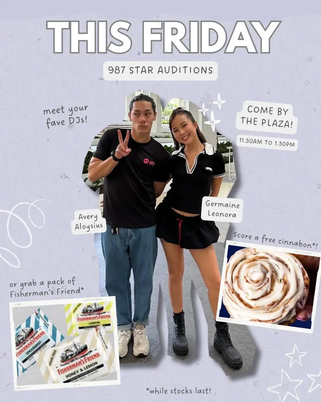 Temasek Polytechnic’s Instagram poster illustrating Singapore DJs’ Avery Aloysius and Germaine Leonora’s 987 STAR Auditions promotion at TP.