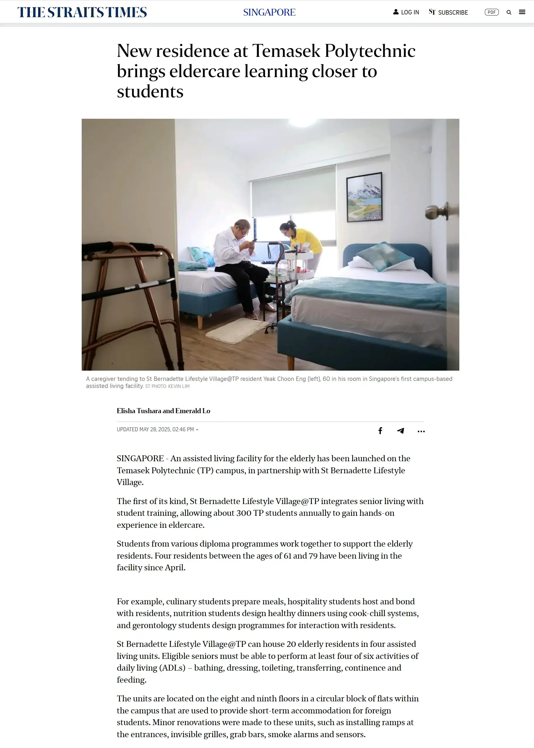 New residence at Temasek Polytechnic brings eldercare closer to students