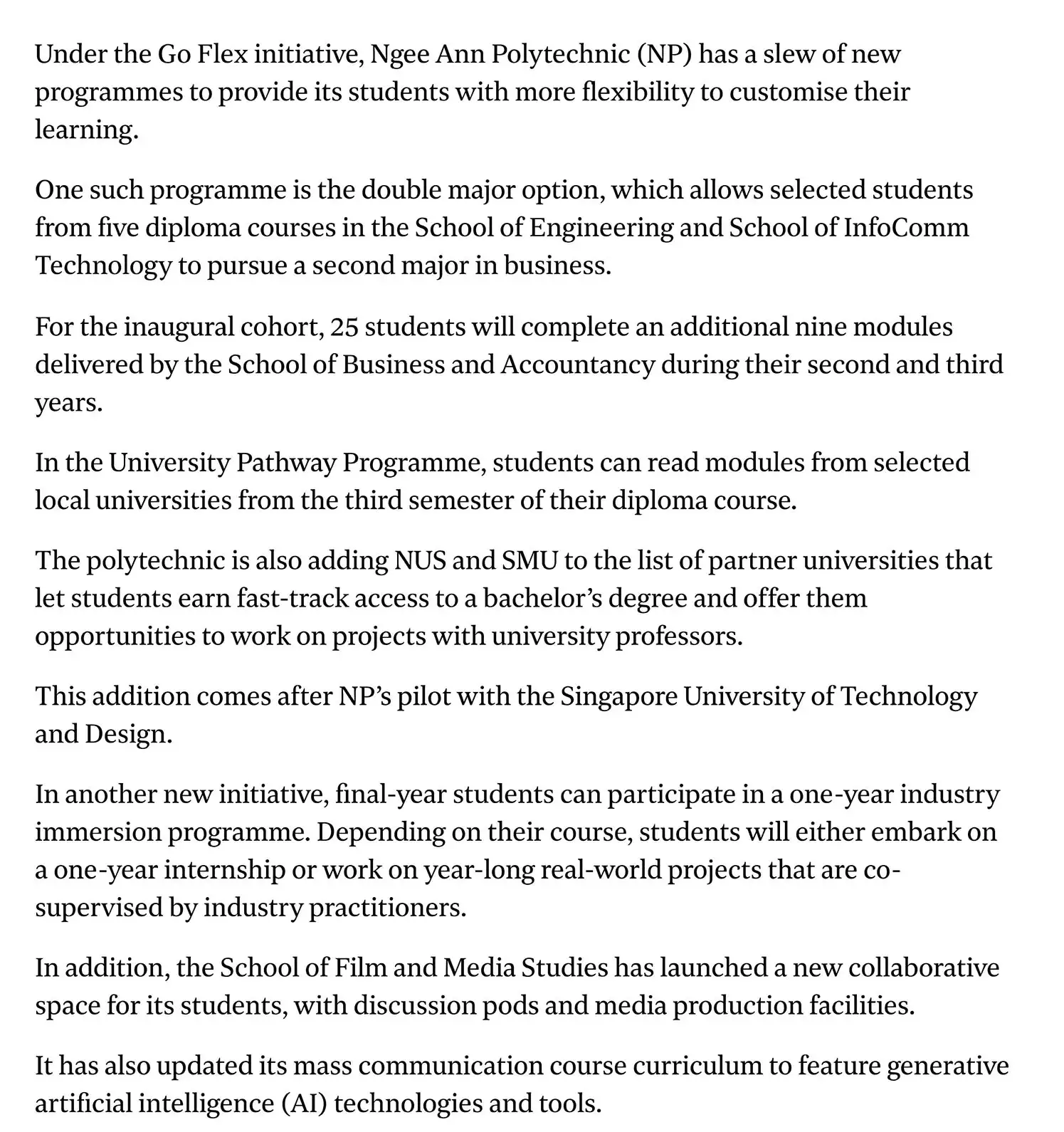 Ngee Ann Polytechnic has a slew of new programmes