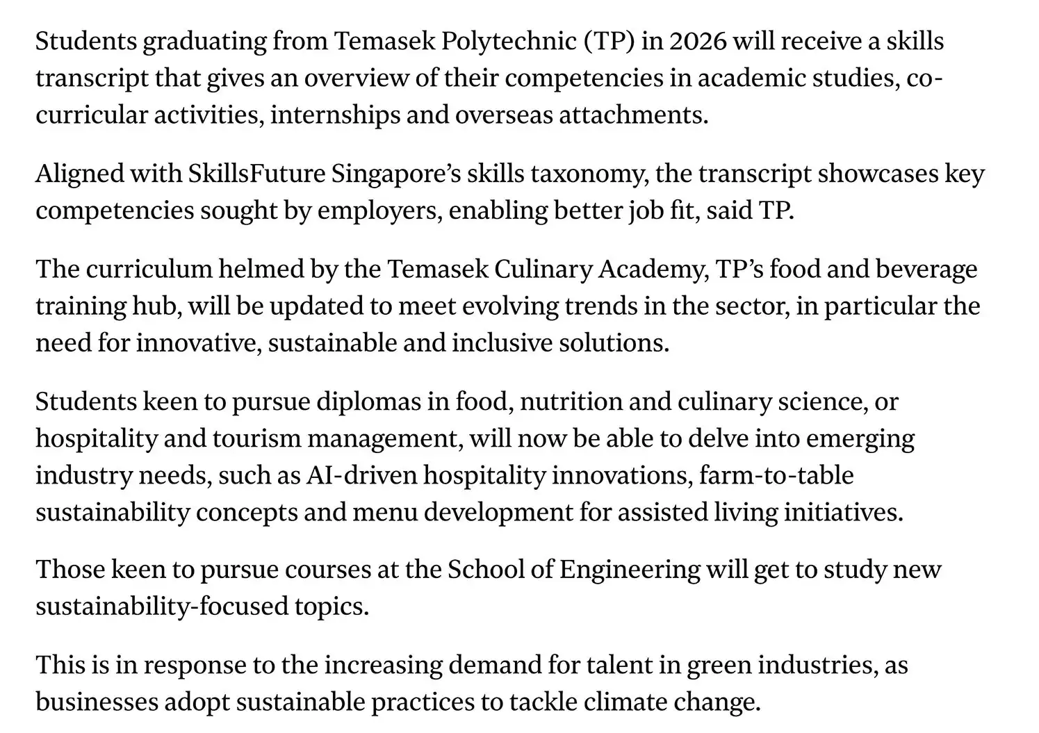 Students graduating from Temasek Polytechnic in 2026 will receive a skills transcript