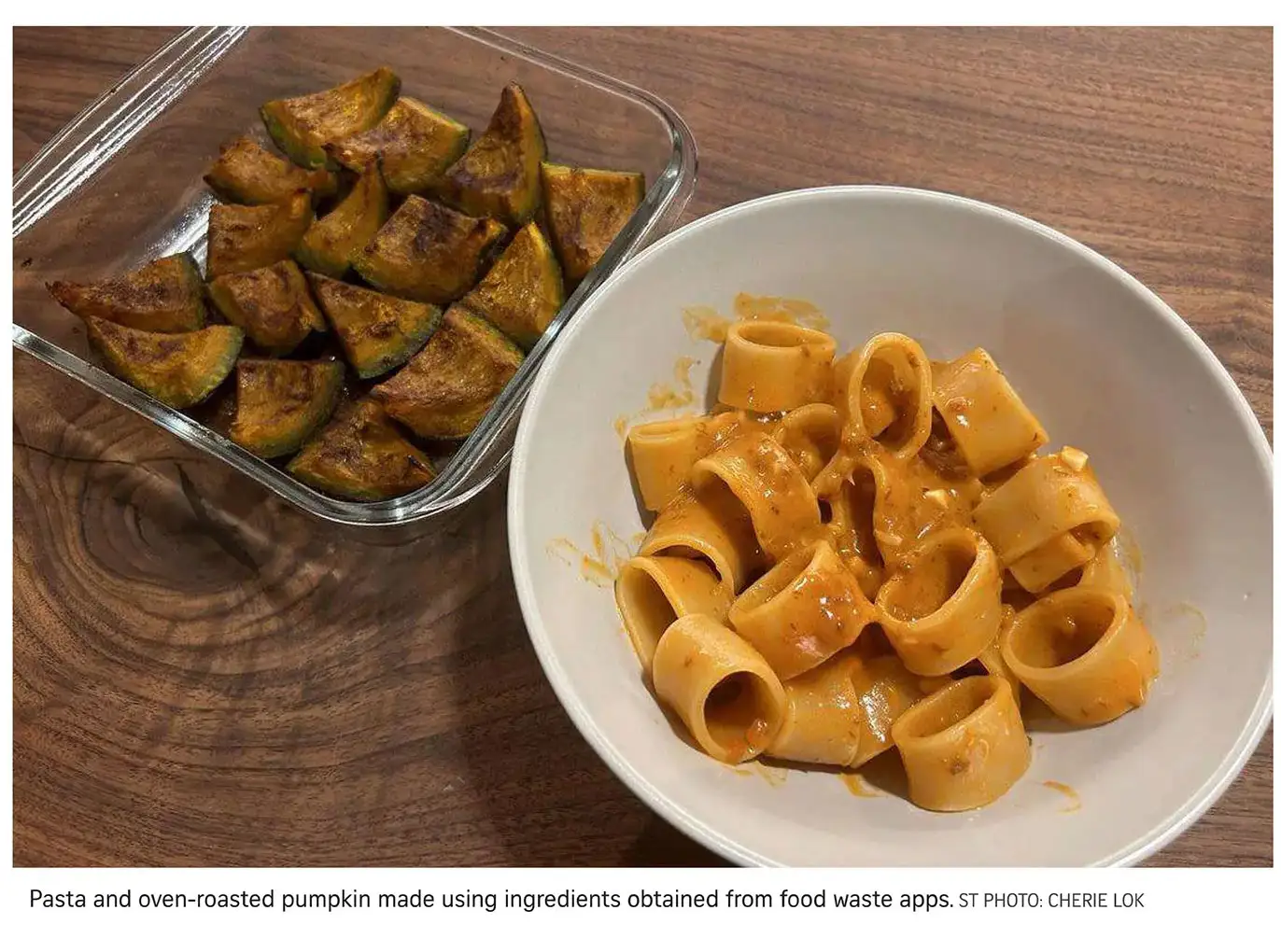 Pasta and oven-roasted pumpkin made using ingredients obtained from food waste apps.