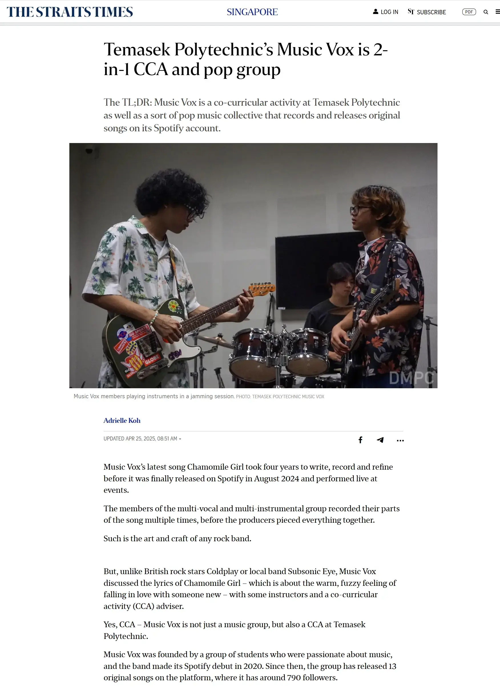 Temasek Polytechnic's Music Vox is 2-in-1 CCA and pop group